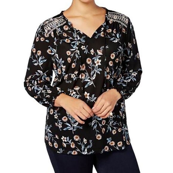 New Style & Co. Floral Daisy Blouse Peasant Style Yoke Top Size Small - Picture 1 of 9